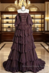 Chic Ball Gown Off The Shoulder Long Sleeves Evening Dress Tulle Long Semi Formal Prom Dresses